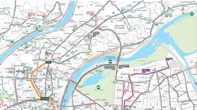 Carte des transports en commun focus sur Caluire