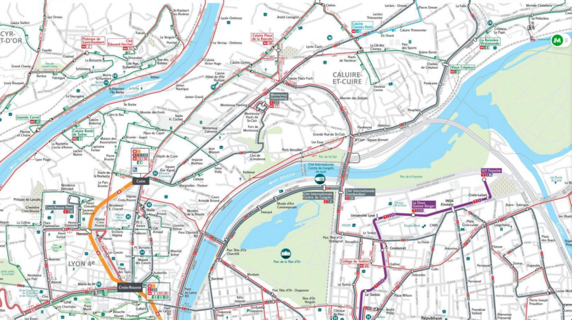 Carte des transports en commun focus sur Caluire